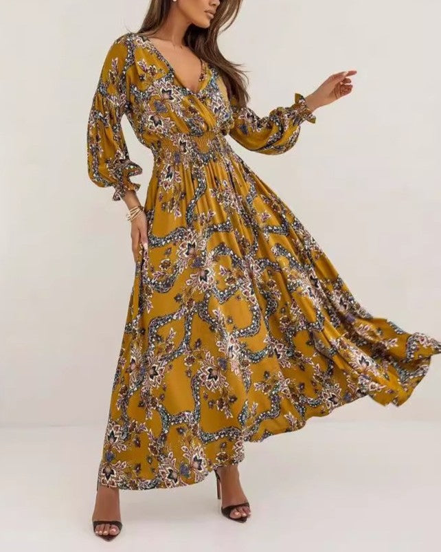 Boho Floral Wrap Maxi Dress With Slit - Yellow