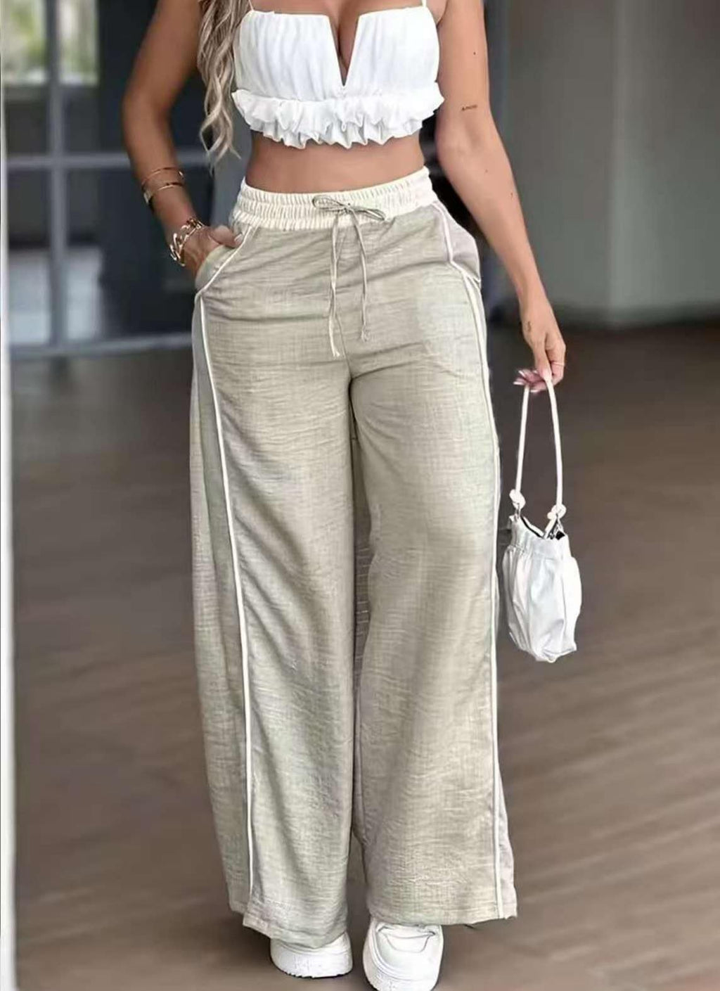 Side Stripe High Waist Wide Leg Pants - Apricot