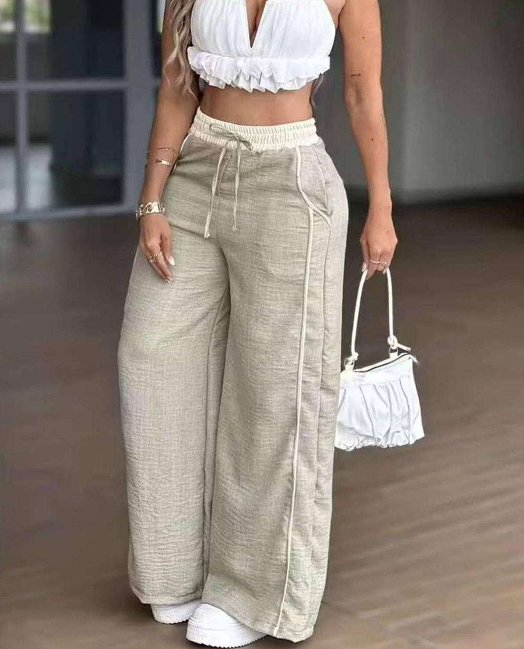Side Stripe High Waist Wide Leg Pants - Apricot - 1