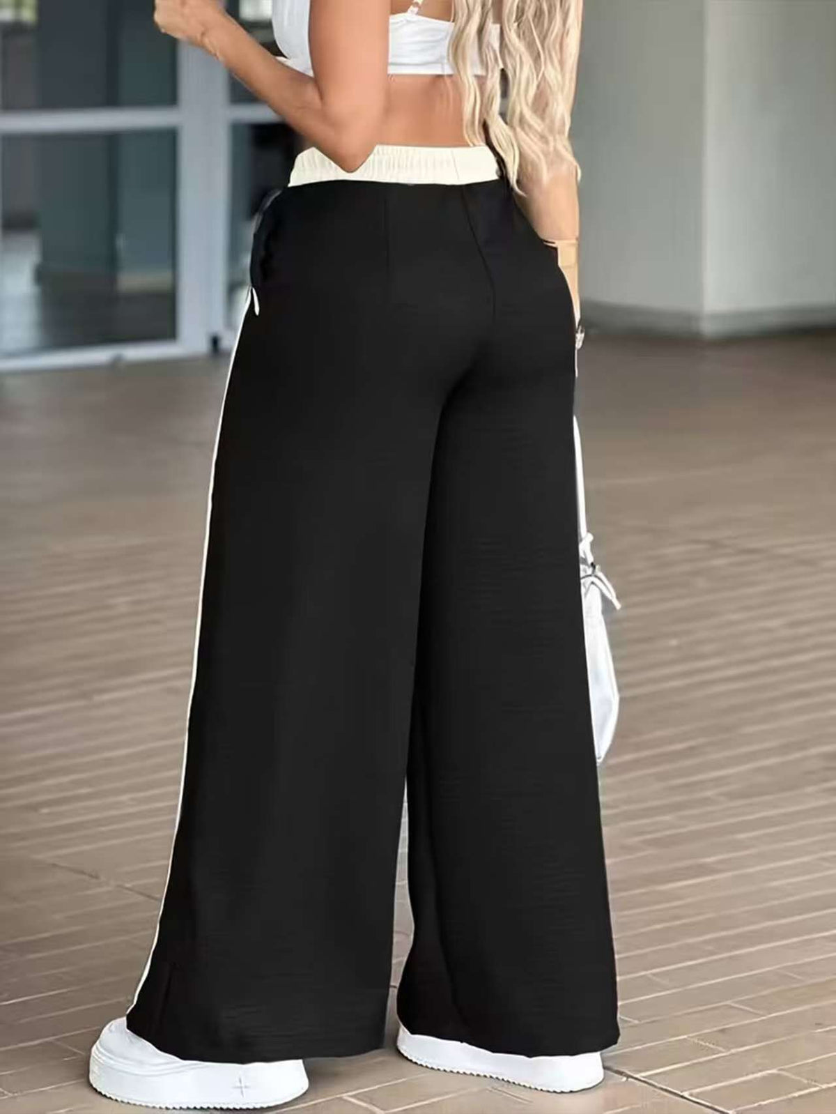 Side Stripe High Waist Wide Leg Pants - Black - 1