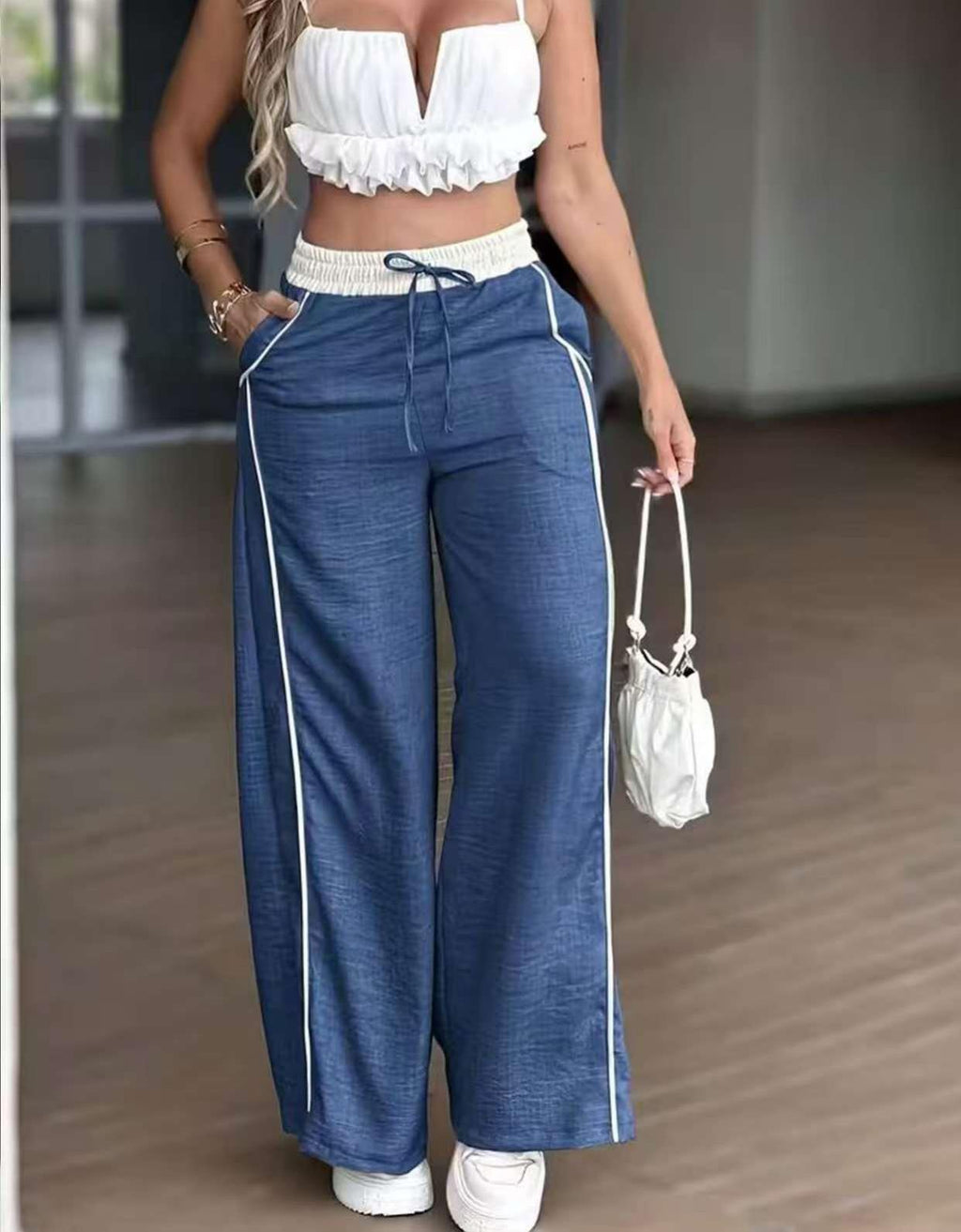 Side Stripe High Waist Wide Leg Pants - Blue