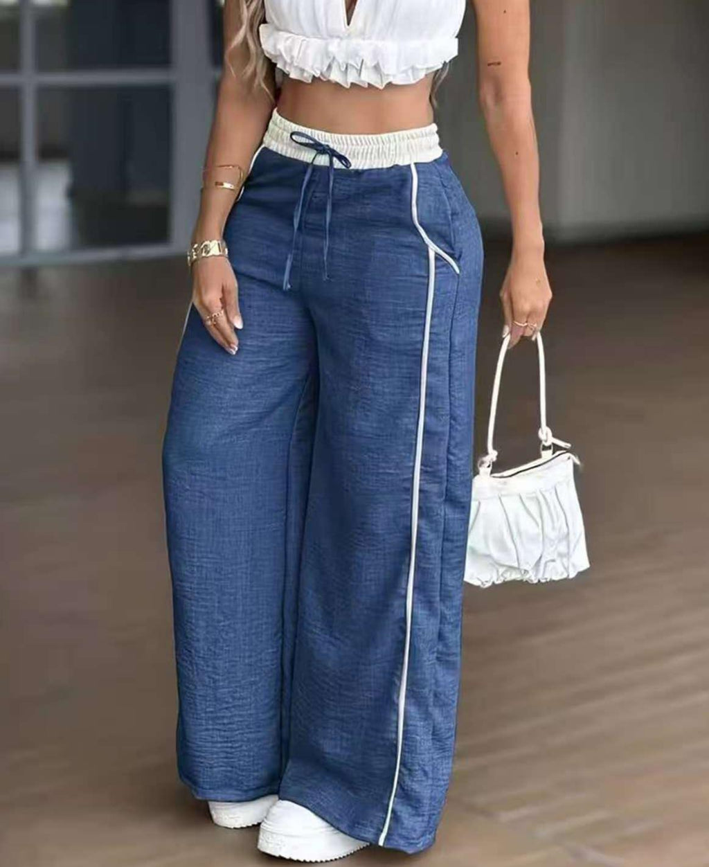 Side Stripe High Waist Wide Leg Pants - Blue - 1