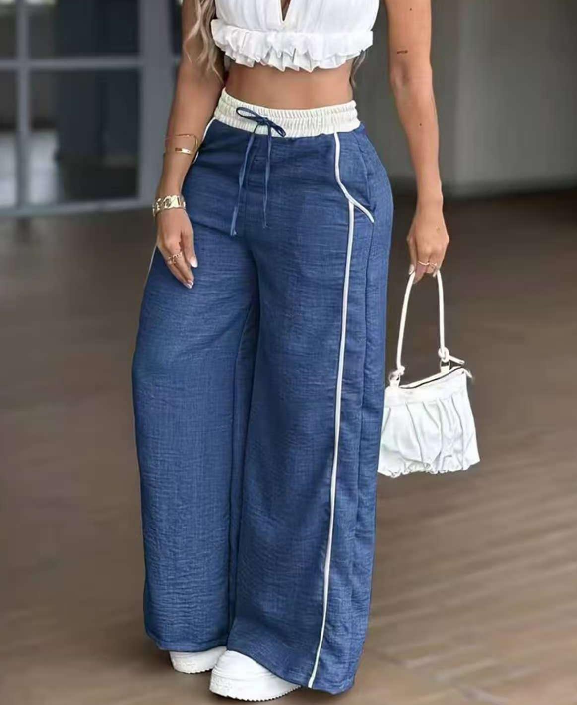 Side Stripe High Waist Wide Leg Pants - Blue - 1