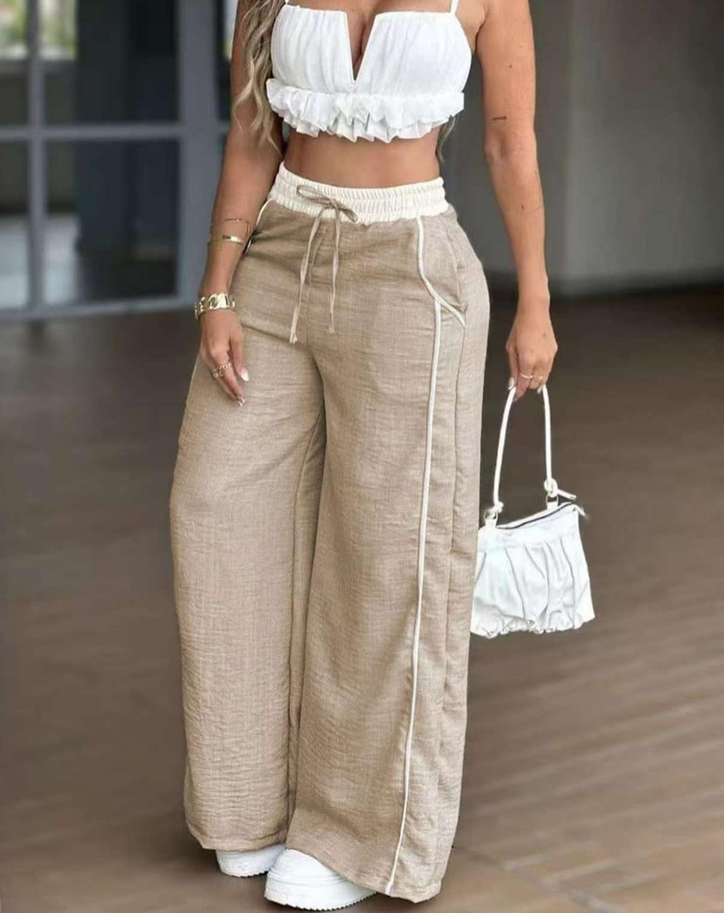 Side Stripe High Waist Wide Leg Pants - Khaki