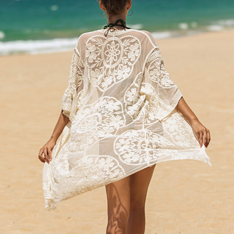 Medallion Lace Open Front Beach Kimono - Apricot