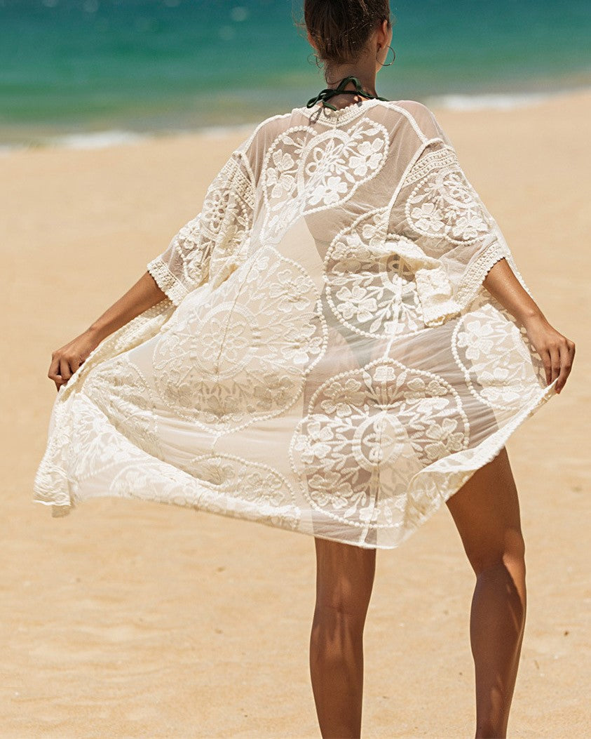 Medallion Lace Open Front Beach Kimono - Apricot - 3