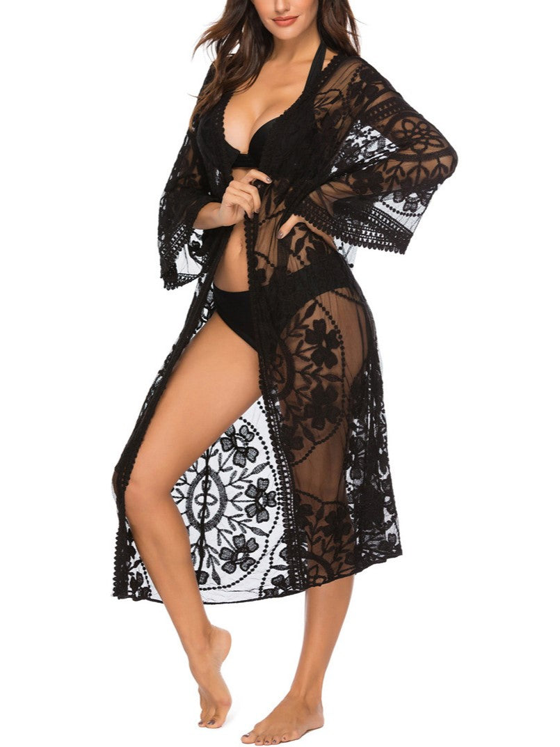 Medallion Lace Open Front Beach Kimono - Black - 1