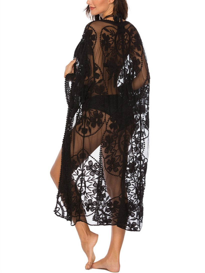 Medallion Lace Open Front Beach Kimono - Black - 2