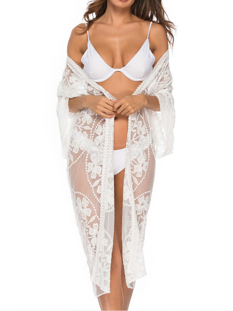 Medallion Lace Open Front Beach Kimono - White