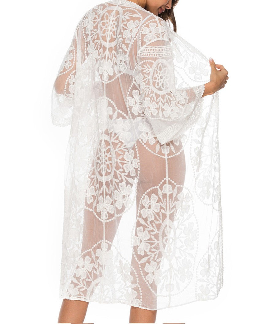 Medallion Lace Open Front Beach Kimono - White - 1