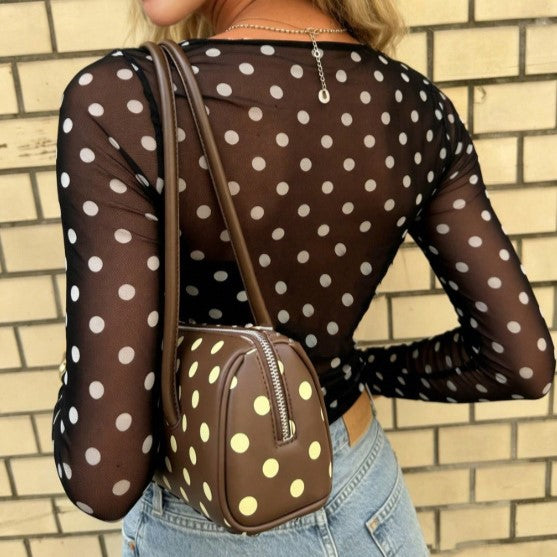 Polka Dot Mesh Blouse with Mock Neck - Black - 1