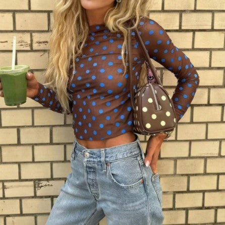 Polka Dot Mesh Blouse with Mock Neck - Brown