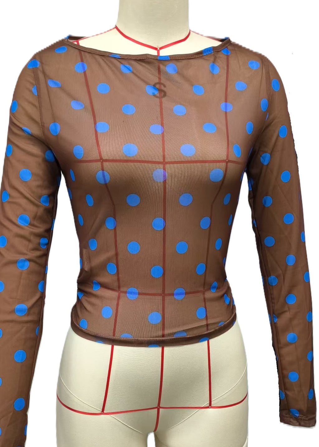 Polka Dot Mesh Blouse with Mock Neck - Brown - 1