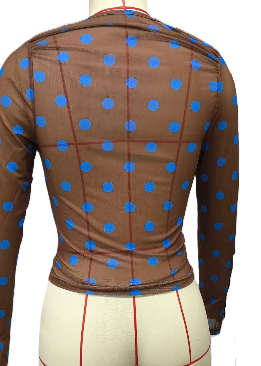 Polka Dot Mesh Blouse with Mock Neck - Brown - 2