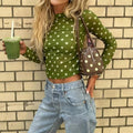 Polka Dot Mesh Blouse with Mock Neck - Olive