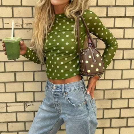 Polka Dot Mesh Blouse with Mock Neck - Olive