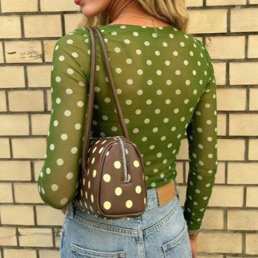Polka Dot Mesh Blouse with Mock Neck - Olive - 1