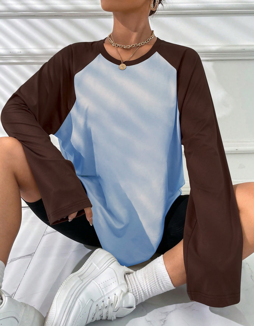 Two Tone Raglan Oversized Long Sleeve Tee - Dark brown