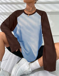 Two Tone Raglan Oversized Long Sleeve Tee - Dark brown