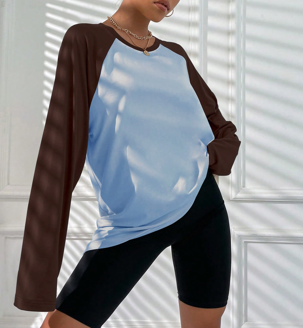 Two Tone Raglan Oversized Long Sleeve Tee - Dark brown - 1