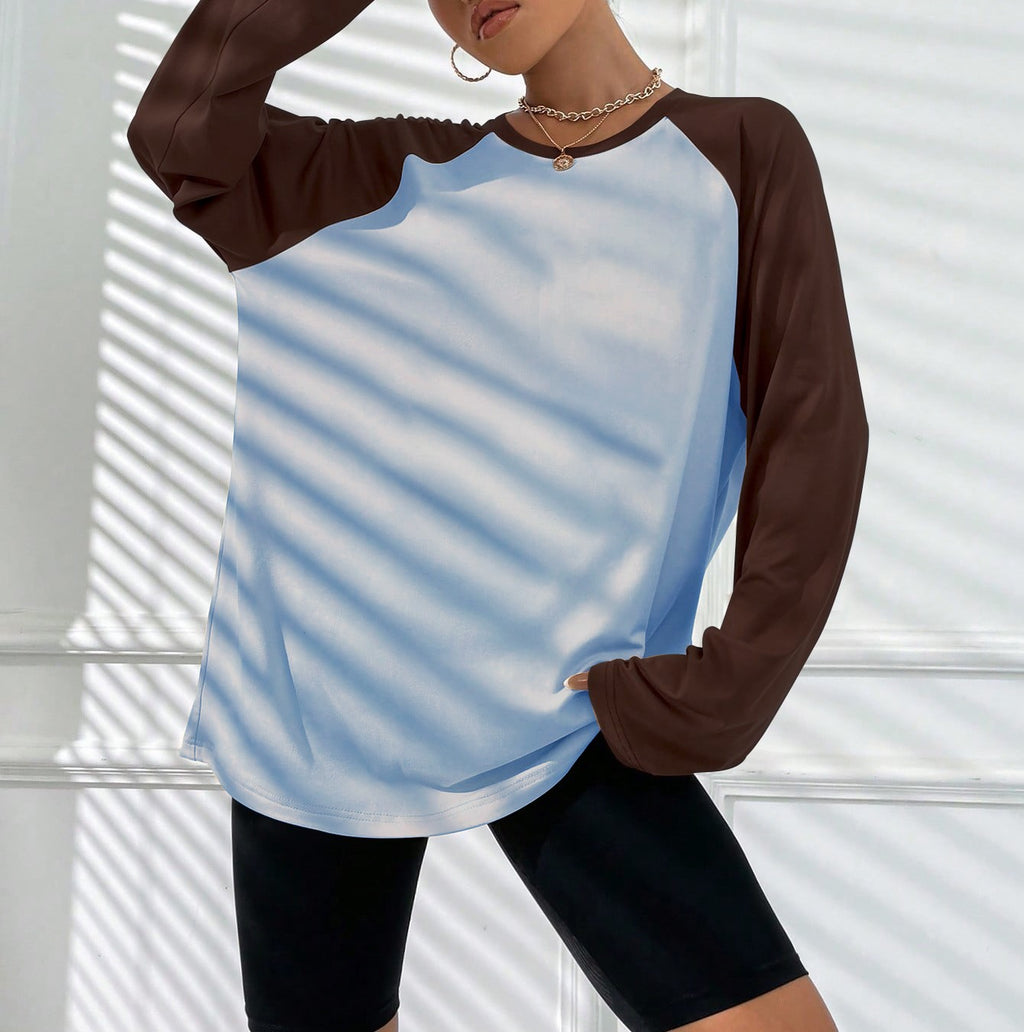 Two Tone Raglan Oversized Long Sleeve Tee - Dark brown - 2