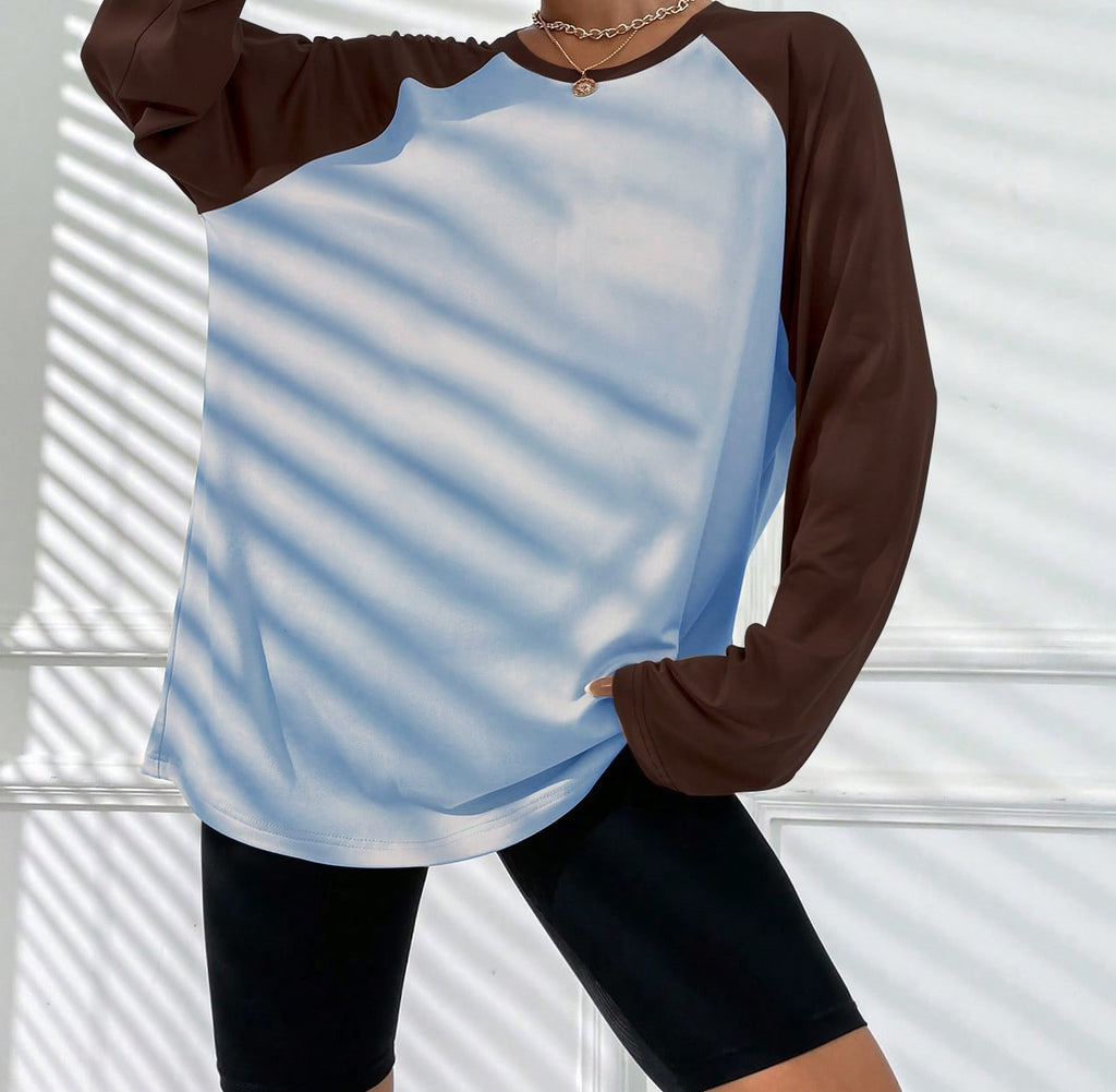 Two Tone Raglan Oversized Long Sleeve Tee - Dark brown - 3