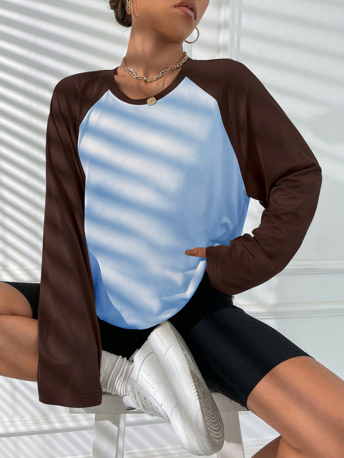 Two Tone Raglan Oversized Long Sleeve Tee - Dark brown - 4
