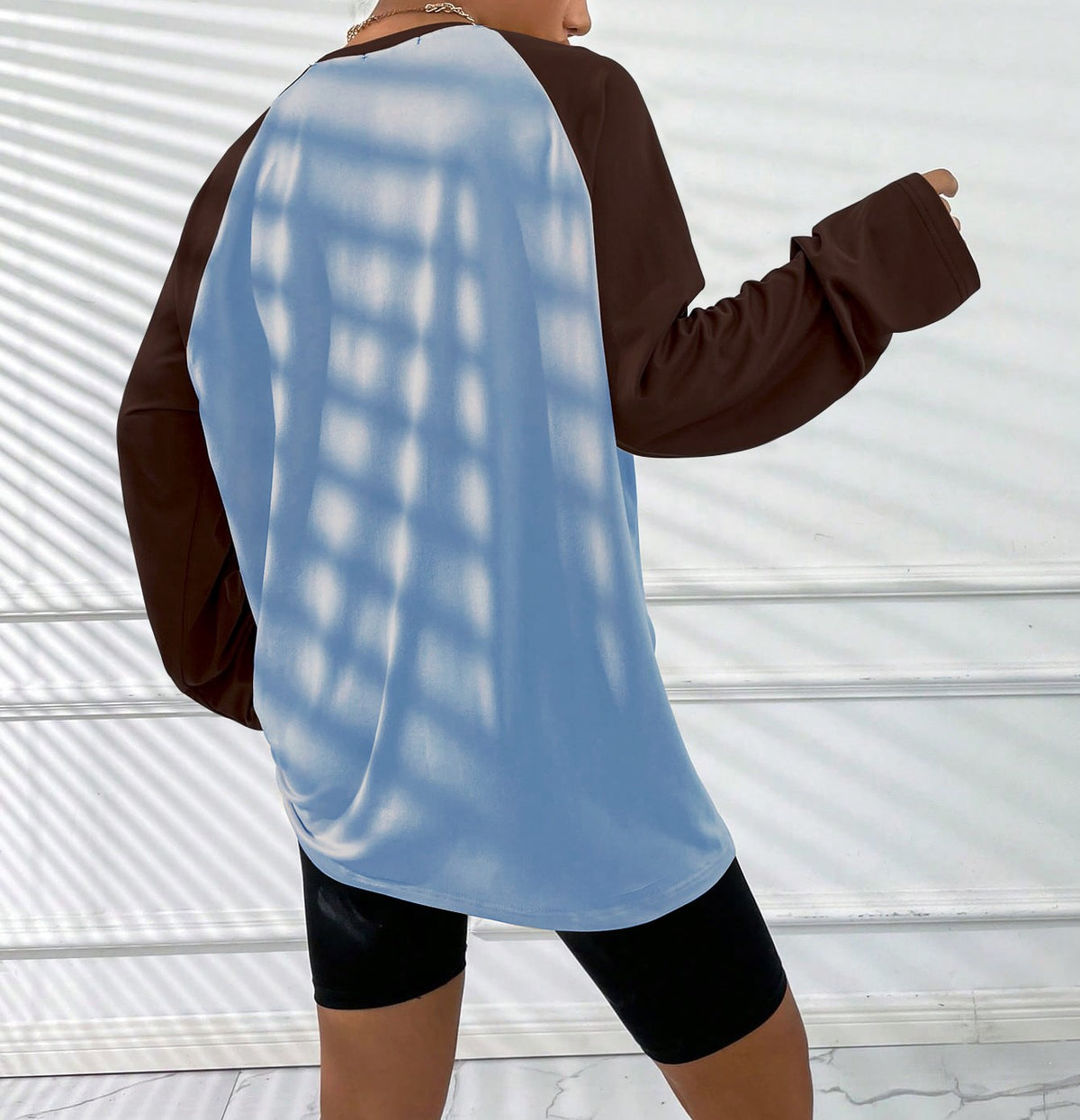 Two Tone Raglan Oversized Long Sleeve Tee - Dark brown - 5