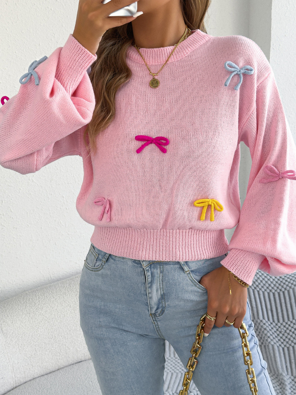 Embroidered Bow Crewneck Balloon Sleeve Sweater - Pink - 1