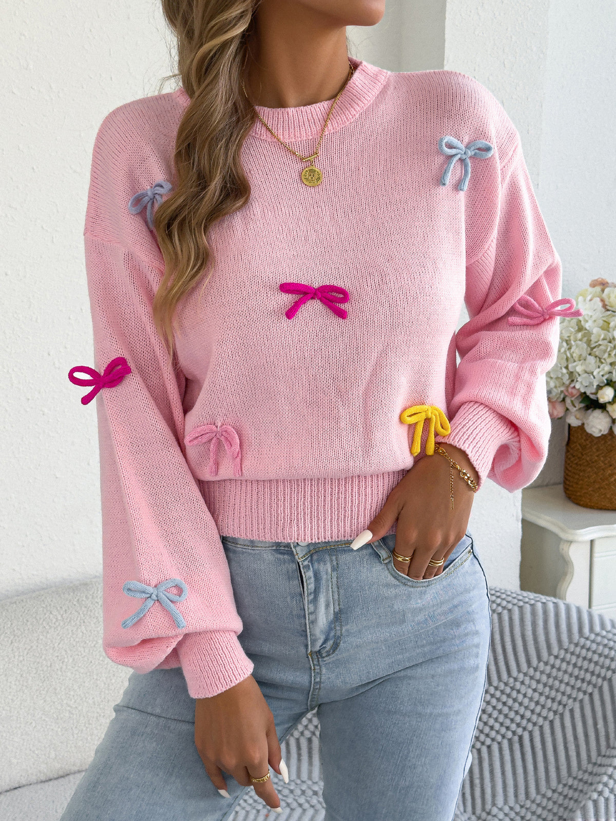 Embroidered Bow Crewneck Balloon Sleeve Sweater - Pink - 2