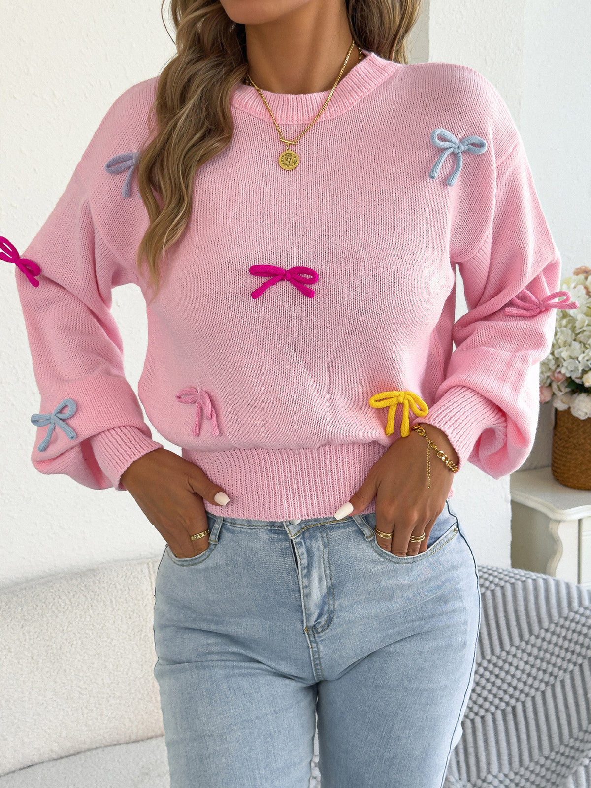 Embroidered Bow Crewneck Balloon Sleeve Sweater - Pink - 3