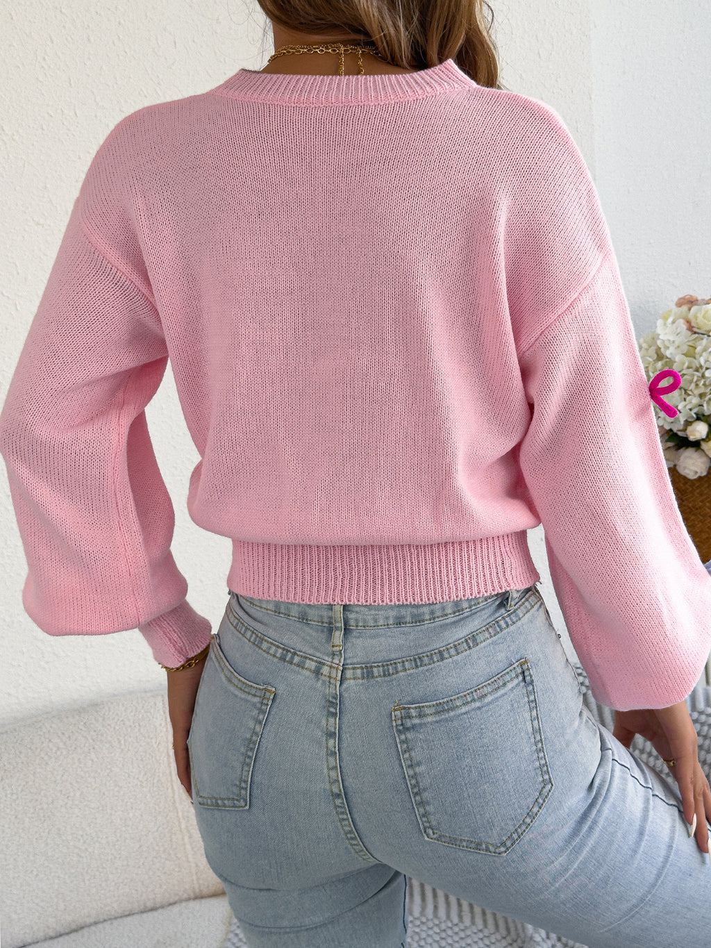 Embroidered Bow Crewneck Balloon Sleeve Sweater - Pink - 4