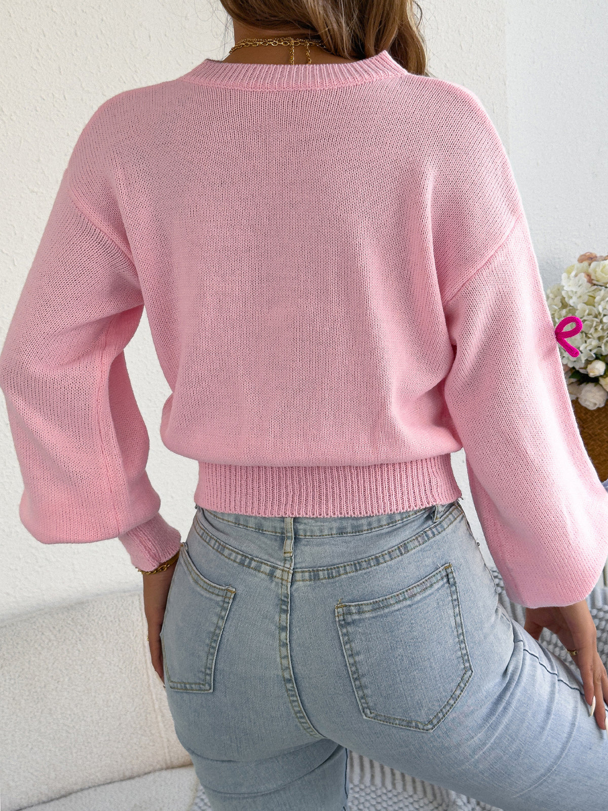 Embroidered Bow Crewneck Balloon Sleeve Sweater - Pink - 4