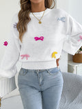 Embroidered Bow Crewneck Balloon Sleeve Sweater - White