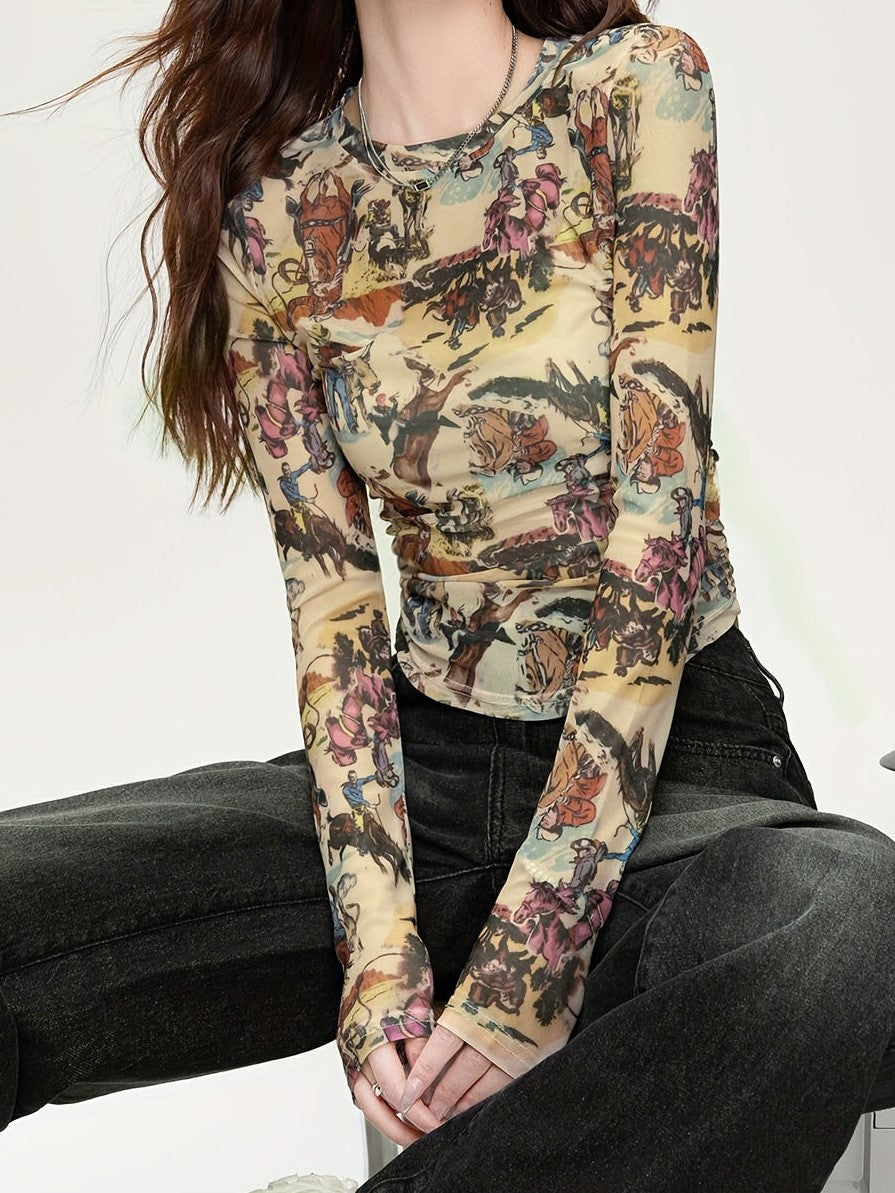 Western Rodeo Print Sheer Mesh Top - Cowboy