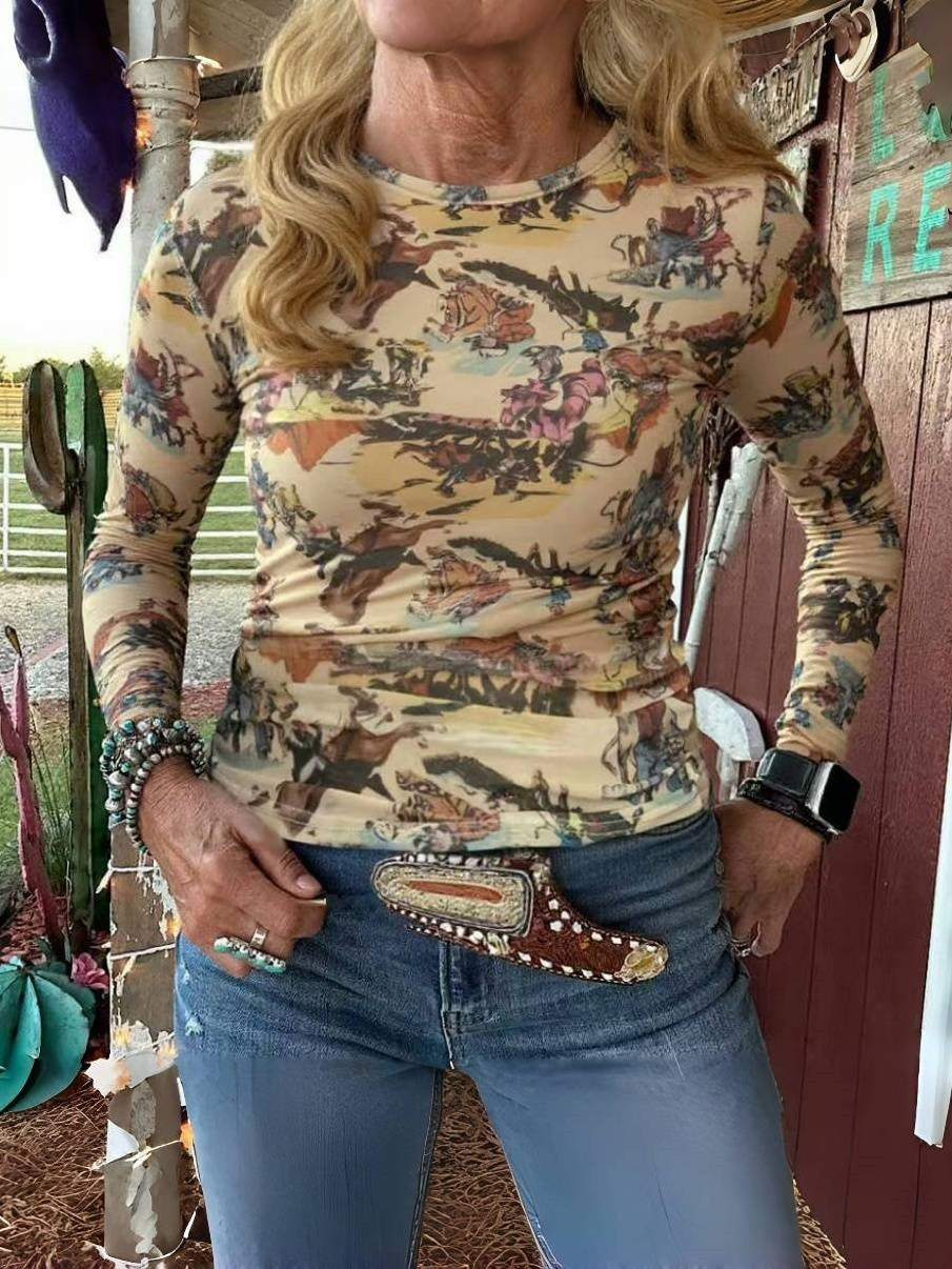 Western Rodeo Print Sheer Mesh Top - Cowboy - 2