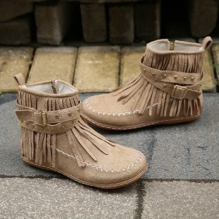 Fringe Moccasin Ankle Boots with Buckle Straps - Beige