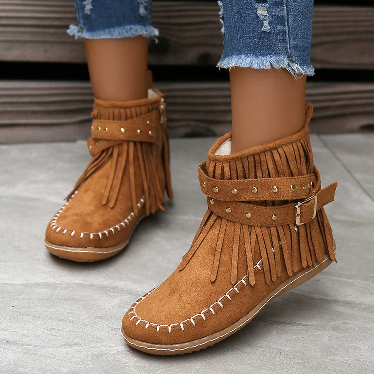 Fringe Moccasin Ankle Boots with Buckle Straps
