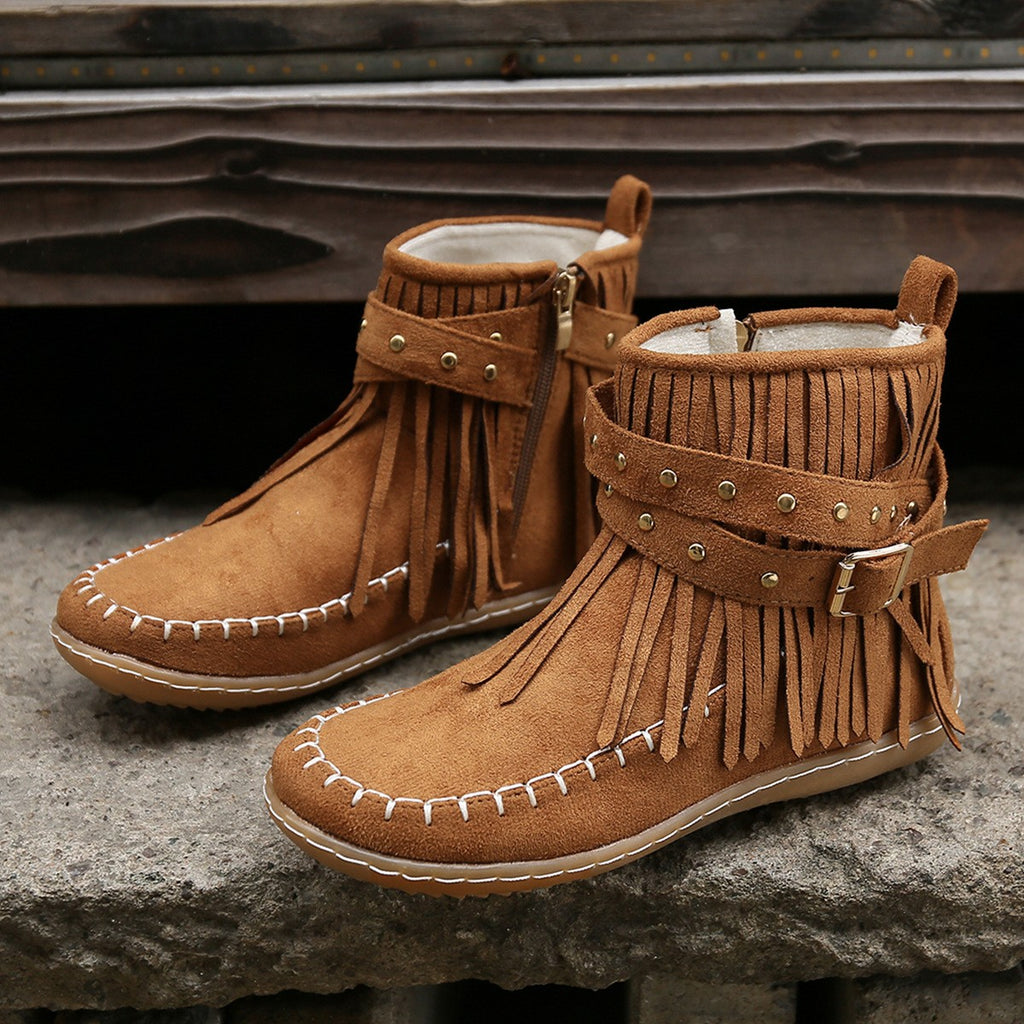 Fringe Moccasin Ankle Boots with Buckle Straps