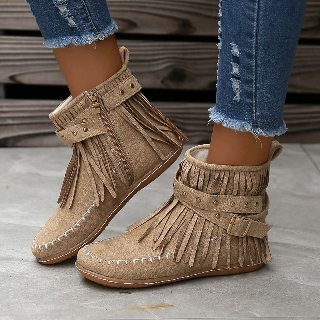 Fringe Moccasin Ankle Boots with Buckle Straps