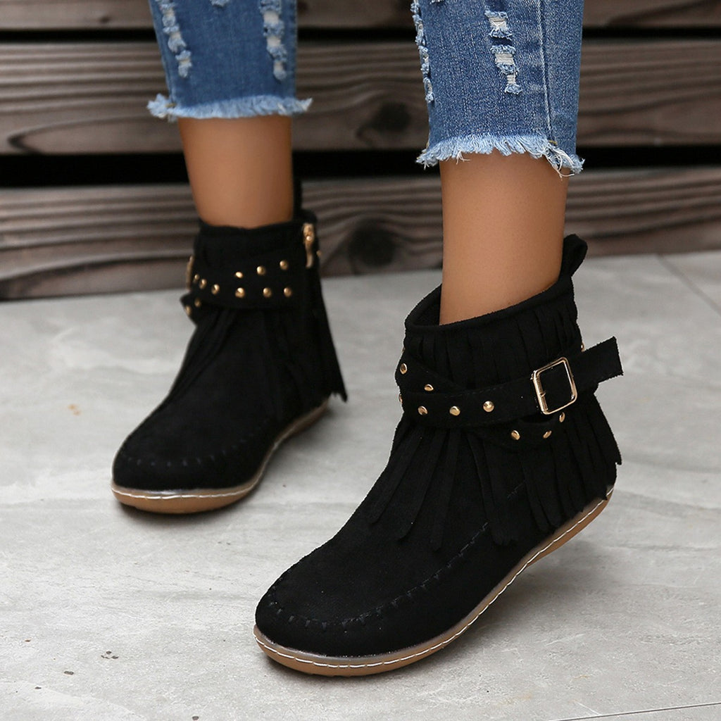 Fringe Moccasin Ankle Boots with Buckle Straps