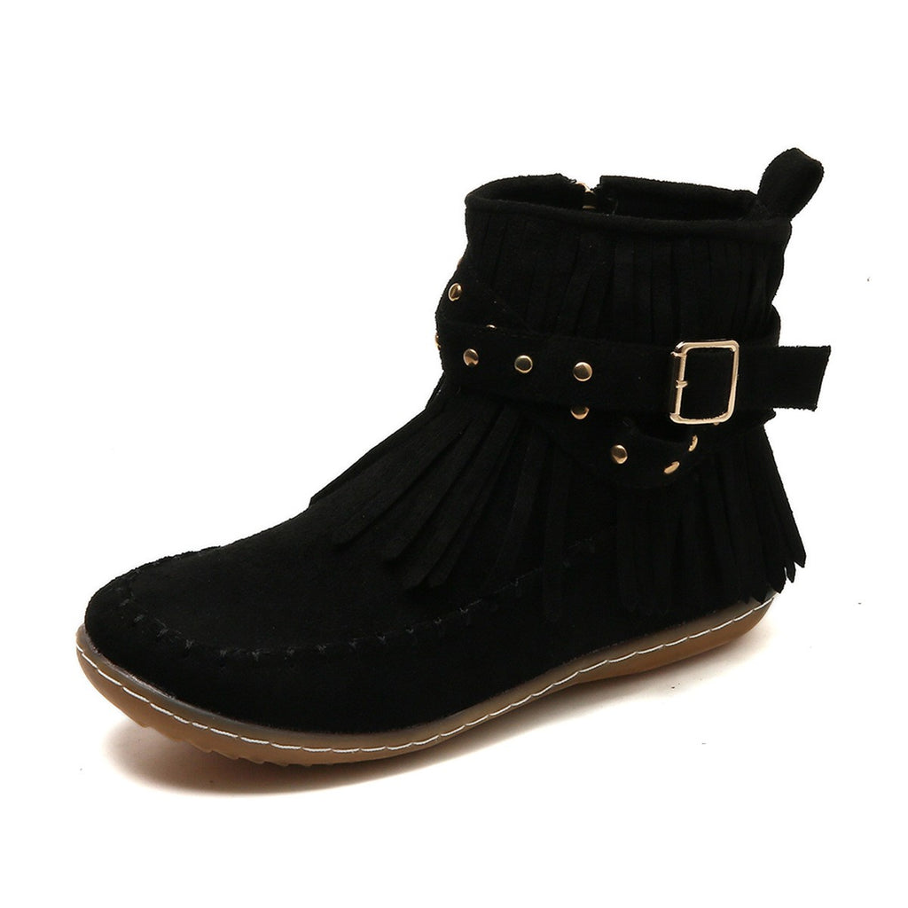 Fringe Moccasin Ankle Boots with Buckle Straps