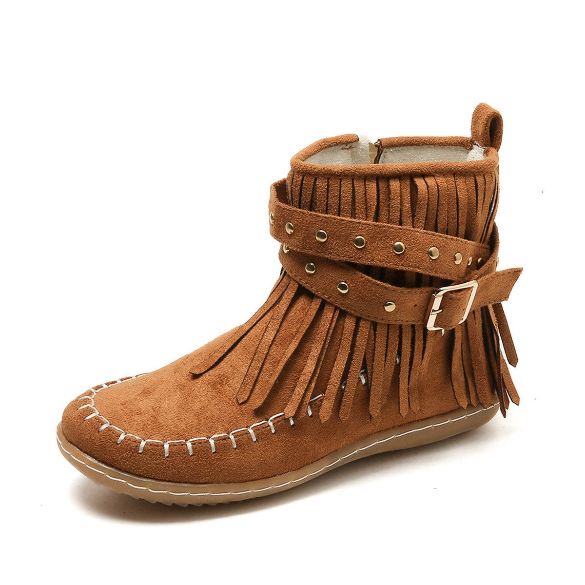 Fringe Moccasin Ankle Boots with Buckle Straps