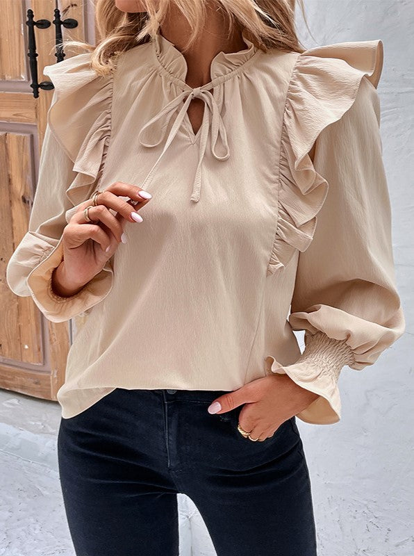 Ruffle Trim Tie Neck Long Sleeve Blouse - Apricot