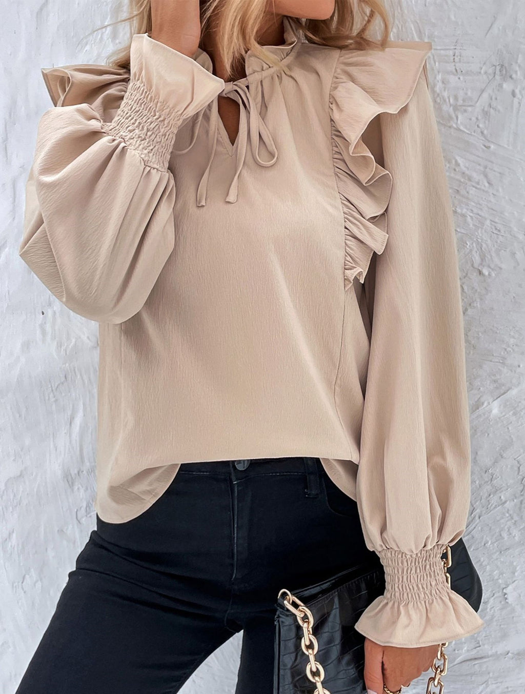 Ruffle Trim Tie Neck Long Sleeve Blouse - Apricot - 1