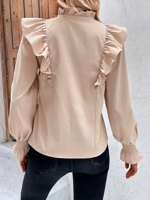 Ruffle Trim Tie Neck Long Sleeve Blouse - Apricot - 2