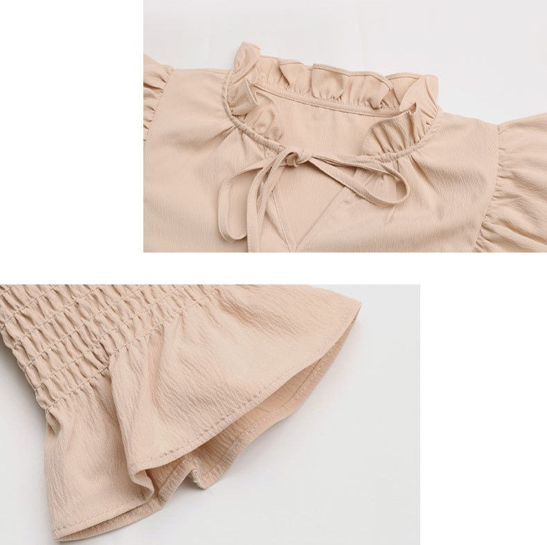Ruffle Trim Tie Neck Long Sleeve Blouse - Apricot - 3