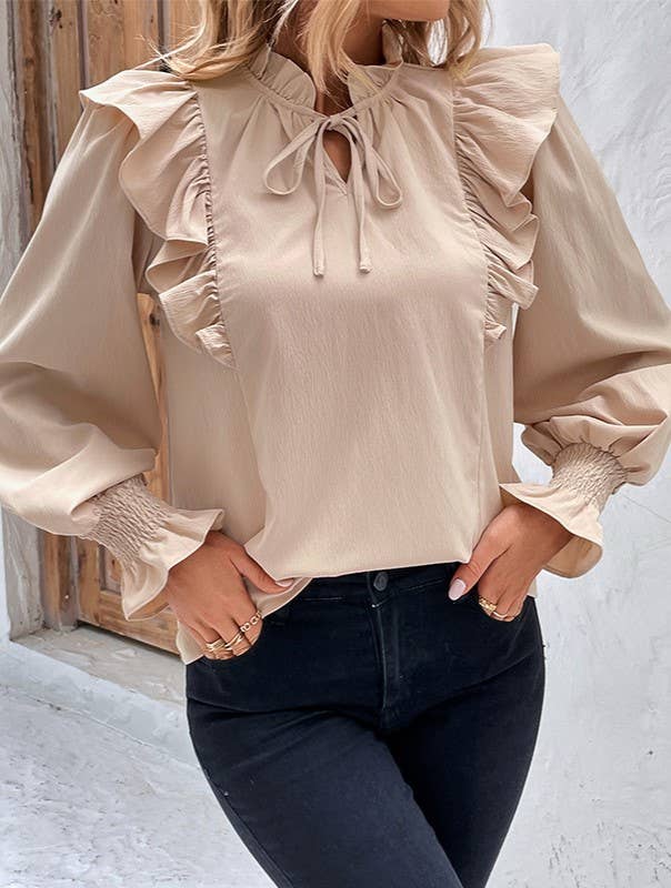Ruffle Trim Tie Neck Long Sleeve Blouse