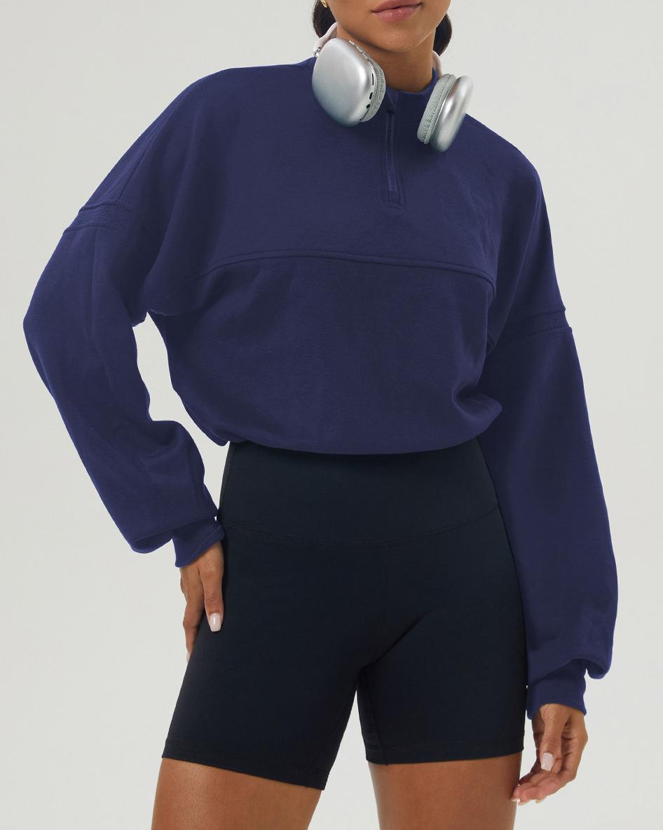 Cropped Half Zip Fleece Sweatshirt - Blue