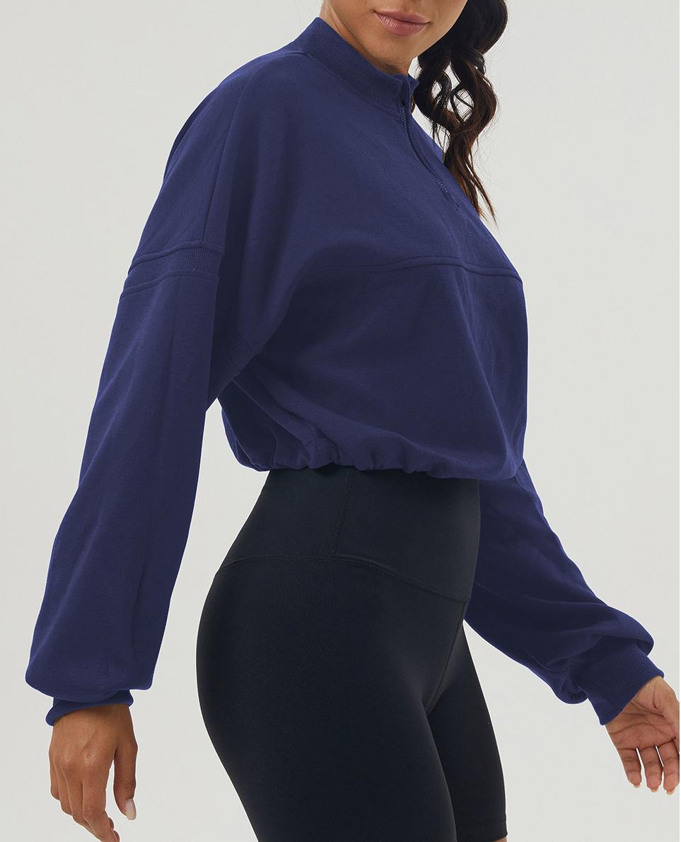 Cropped Half Zip Fleece Sweatshirt - Blue - 1
